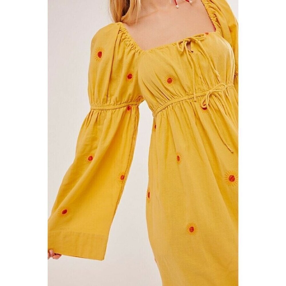 NEW FREE PEOPLE EMORY YELLOW FLOWER EMBROIDERED LONG SLEEVE MIDI DRESS SZ SMALL - Picture 3 of 12